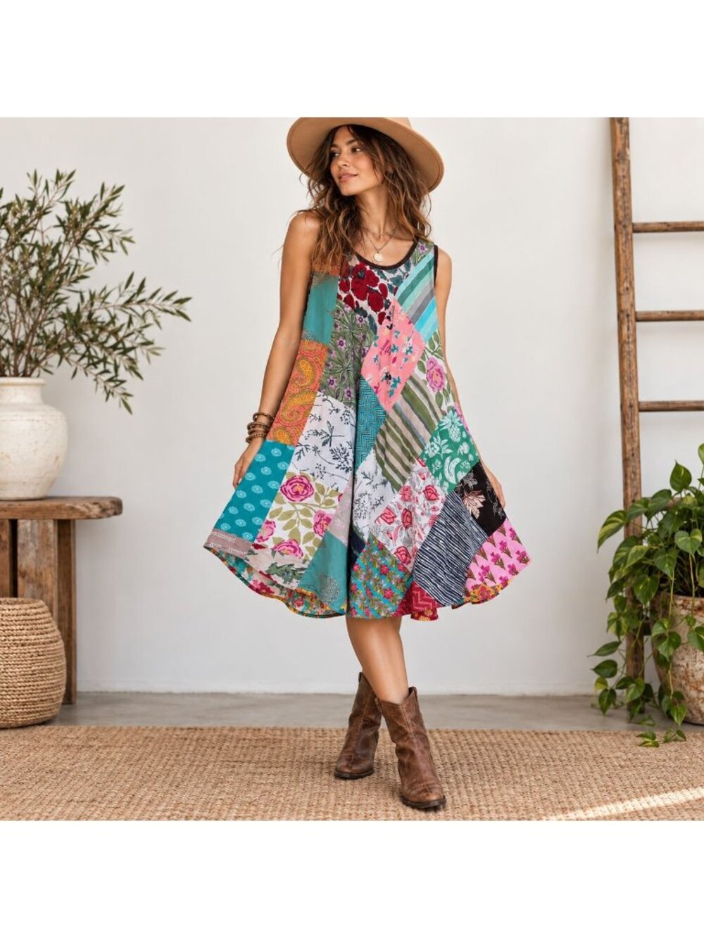 Ashley Taylor Handmade Patchwork Midi Dress Lagenlook Boho Art to Wear XL